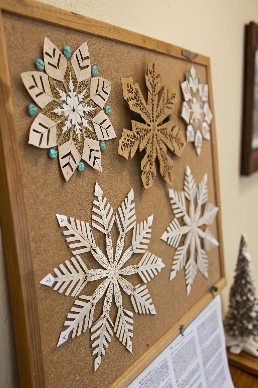 Reclaimed substances introduce an environmentally conscious twist to snowflake crafting.