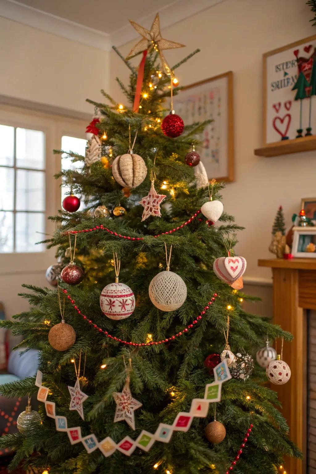 A Christmas tree adorned with handmade decorations that add a personal touch.