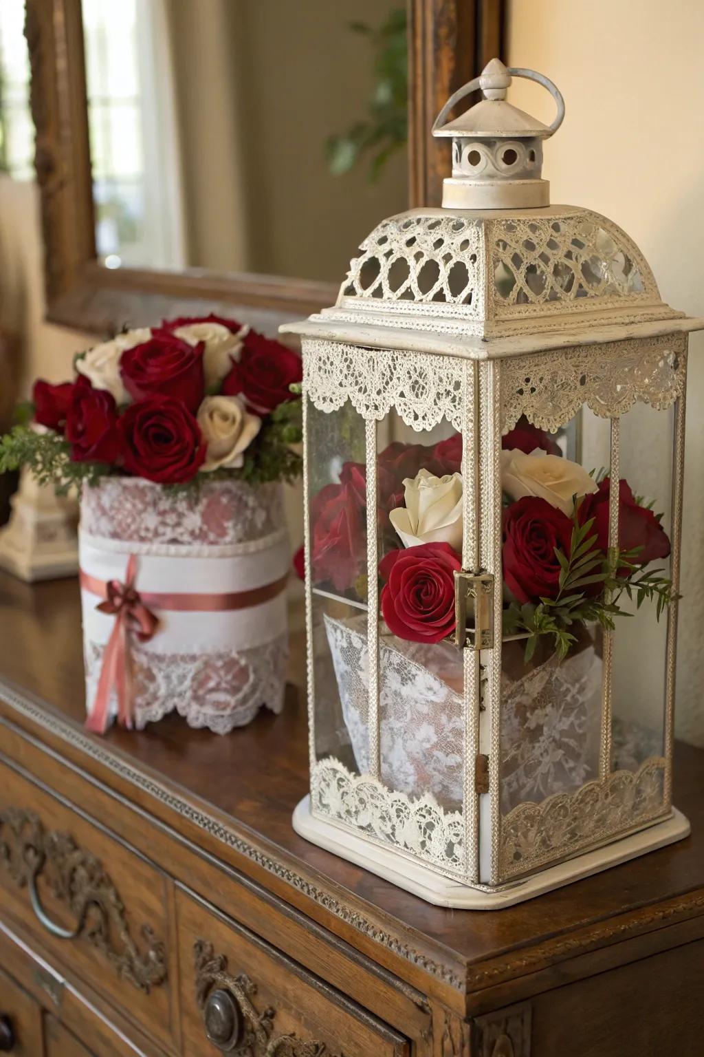 Romantic vintage lantern adorned with lace and roses.