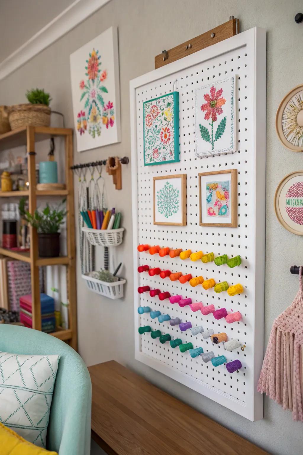 Slotted board displays make cross-stitch pieces fun and flexible.