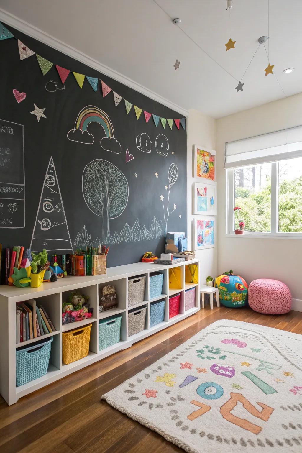 A chalkboard wall helps kids get creative and cuts down on paper mess.
