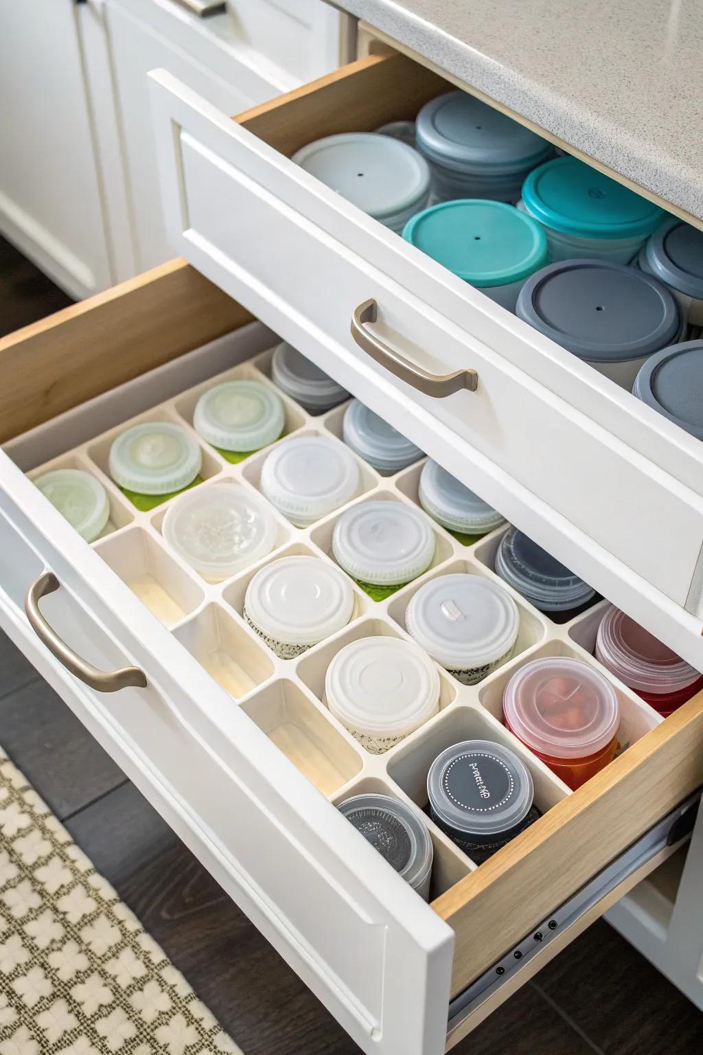 Drawer dividers creating compartments for plastic containers and lids.