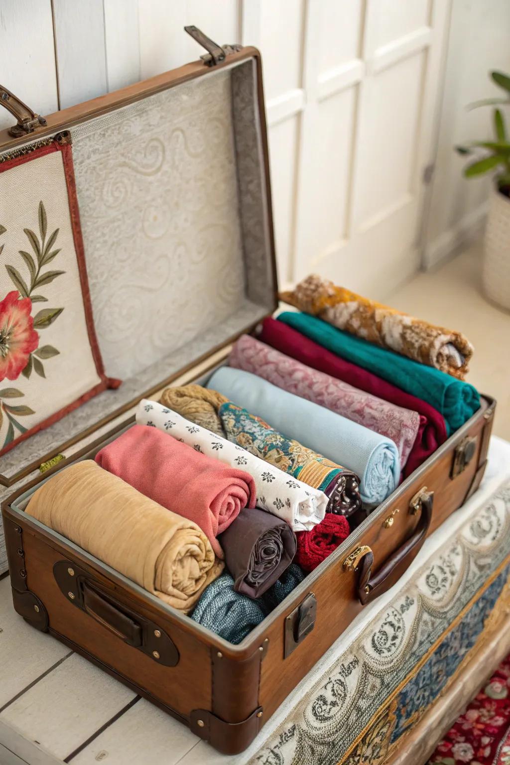 An antique trunk offers distinctive and chic scarf storage.