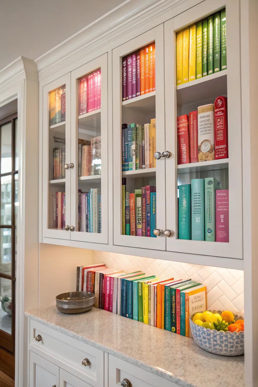 Cookbooks lending color and character to the cabinets.