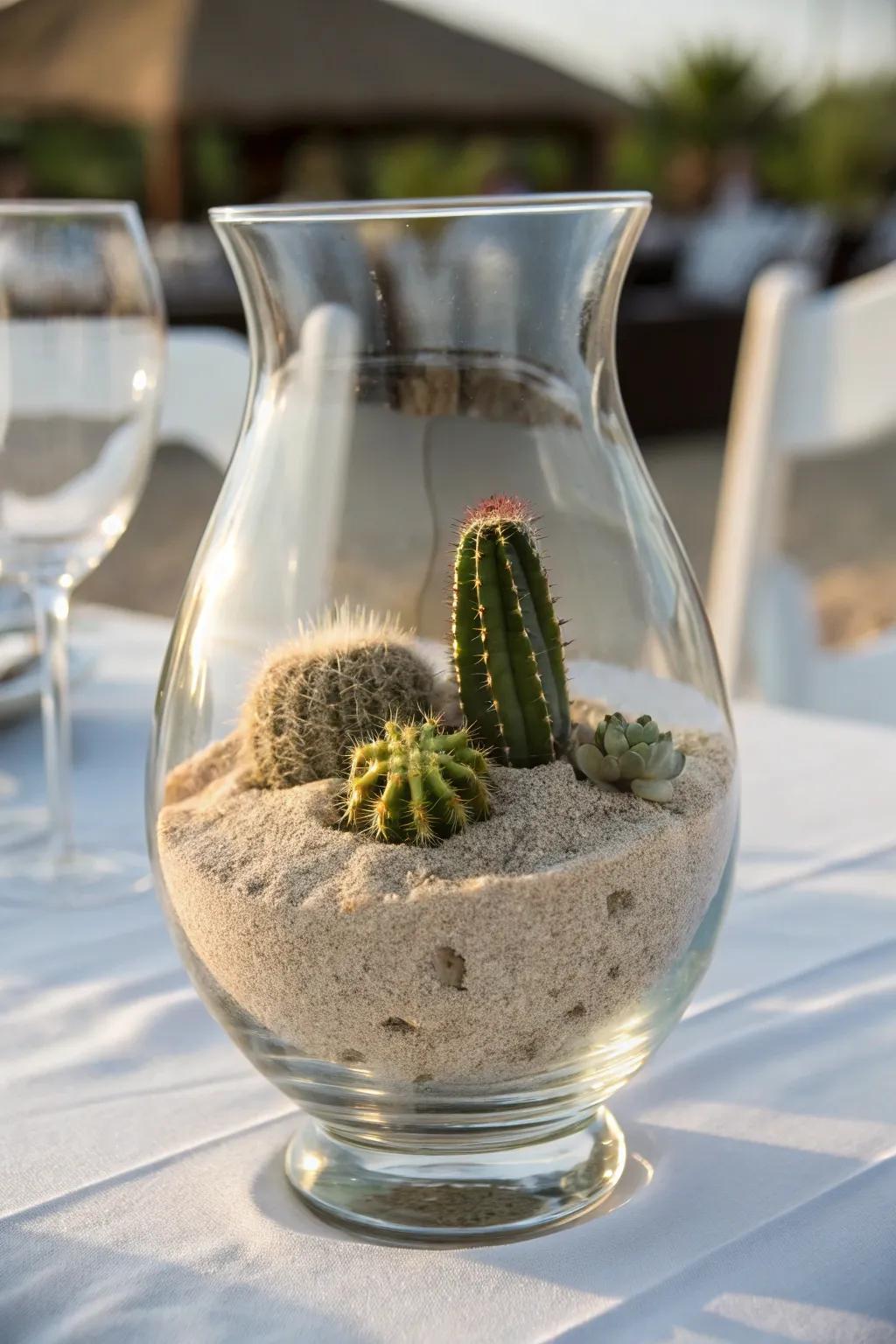 Fine sand and a compact cactus placed in a wind-resistant holder to evoke a desert-themed centerpiece.