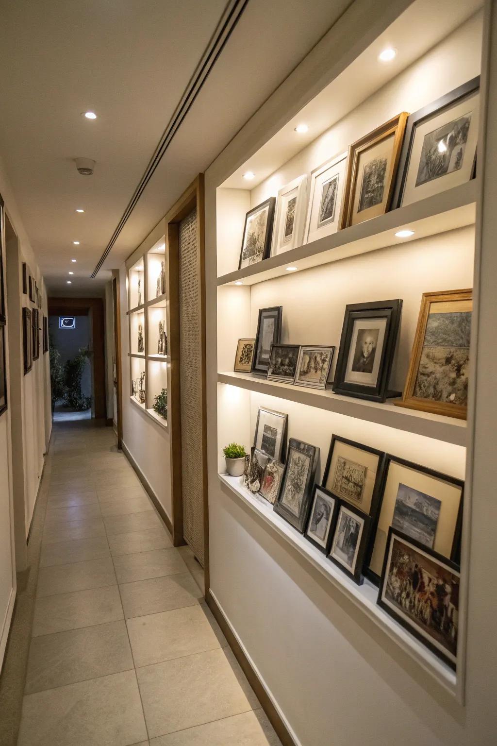 Turn your hallway into a personal gallery with shelves showcasing artwork.