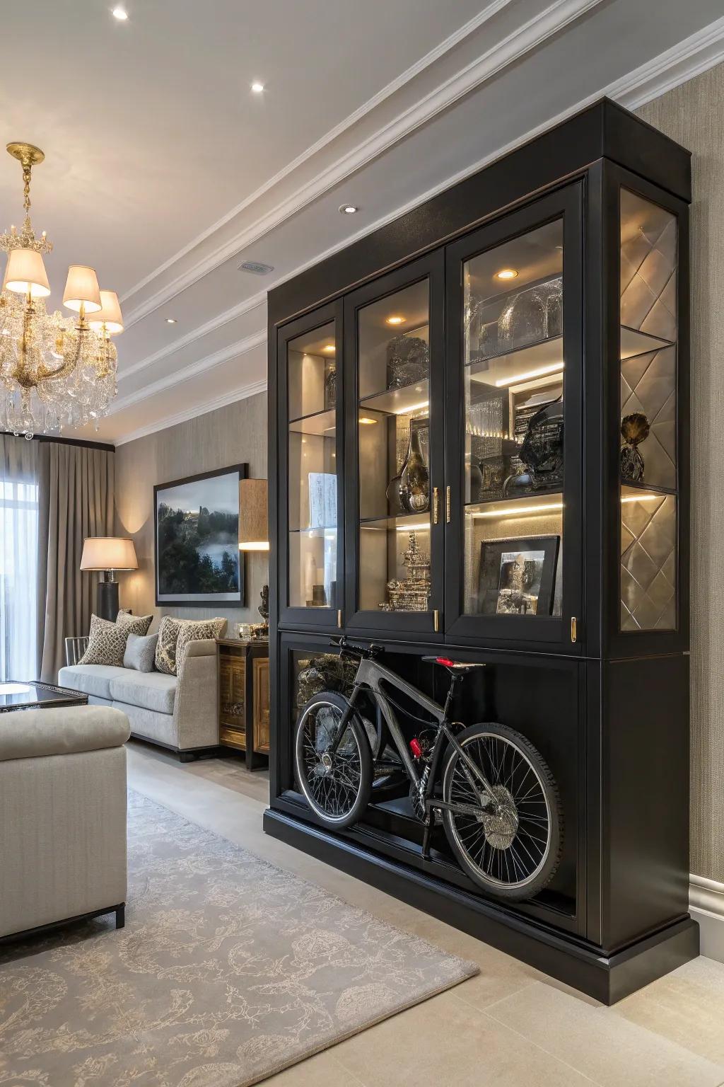 A custom bike cabinet provides a luxurious storage option.