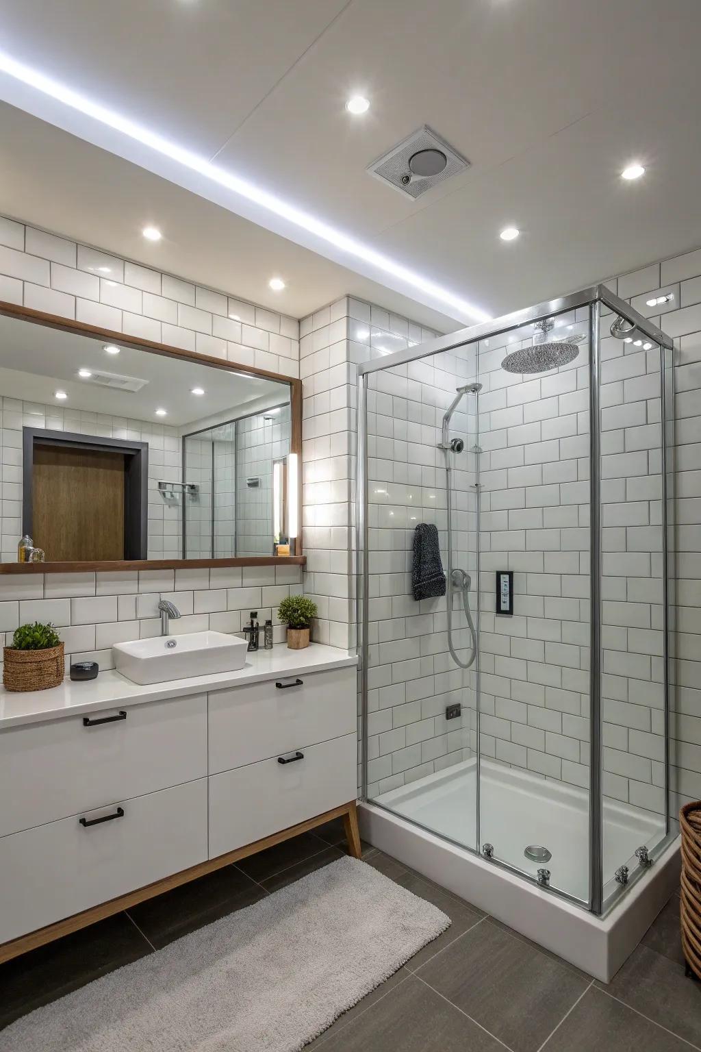 A bathroom featuring sleek LED vapor-tight lighting