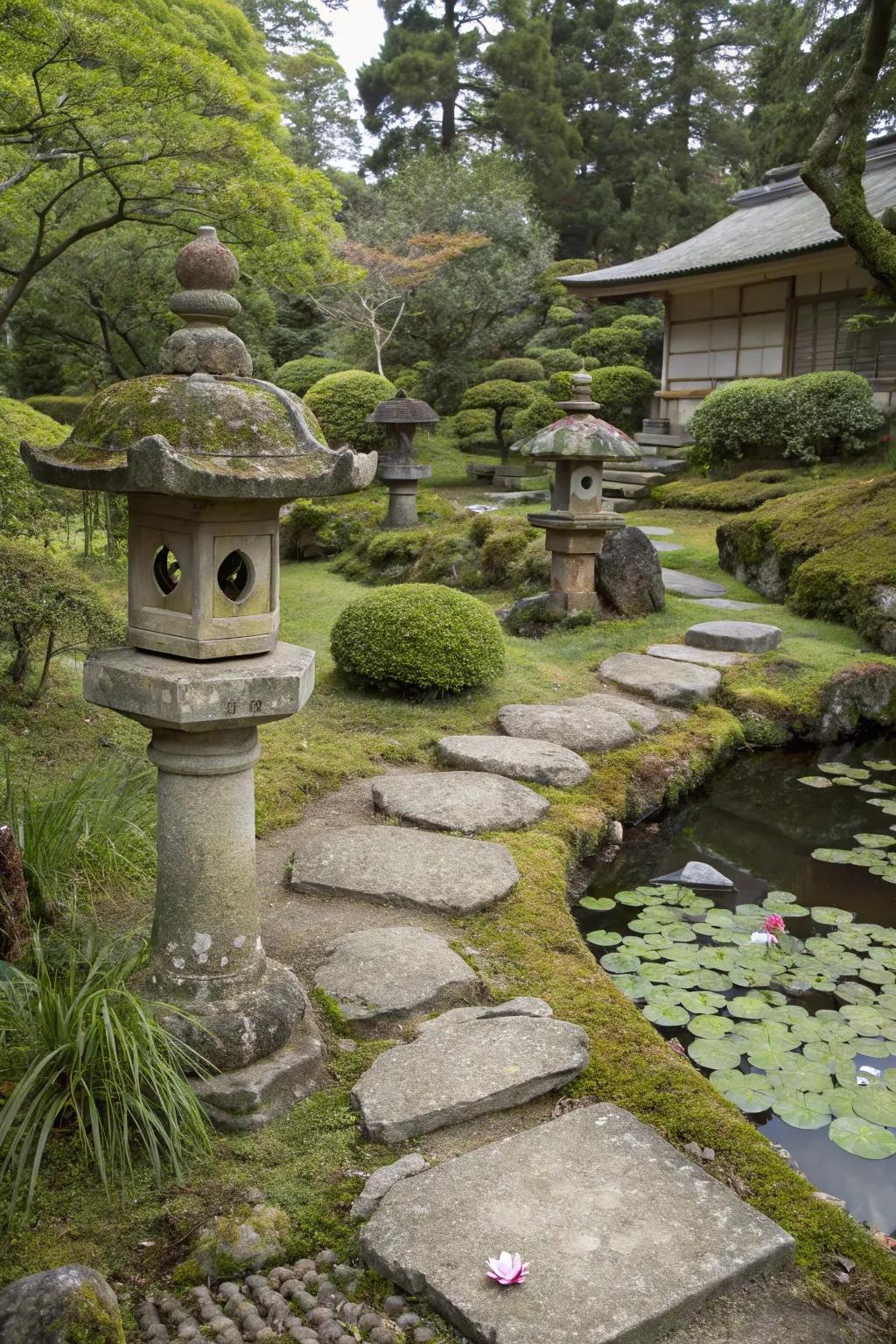 Wabi-sabi elements showcasing imperfection in a Japanese garden.