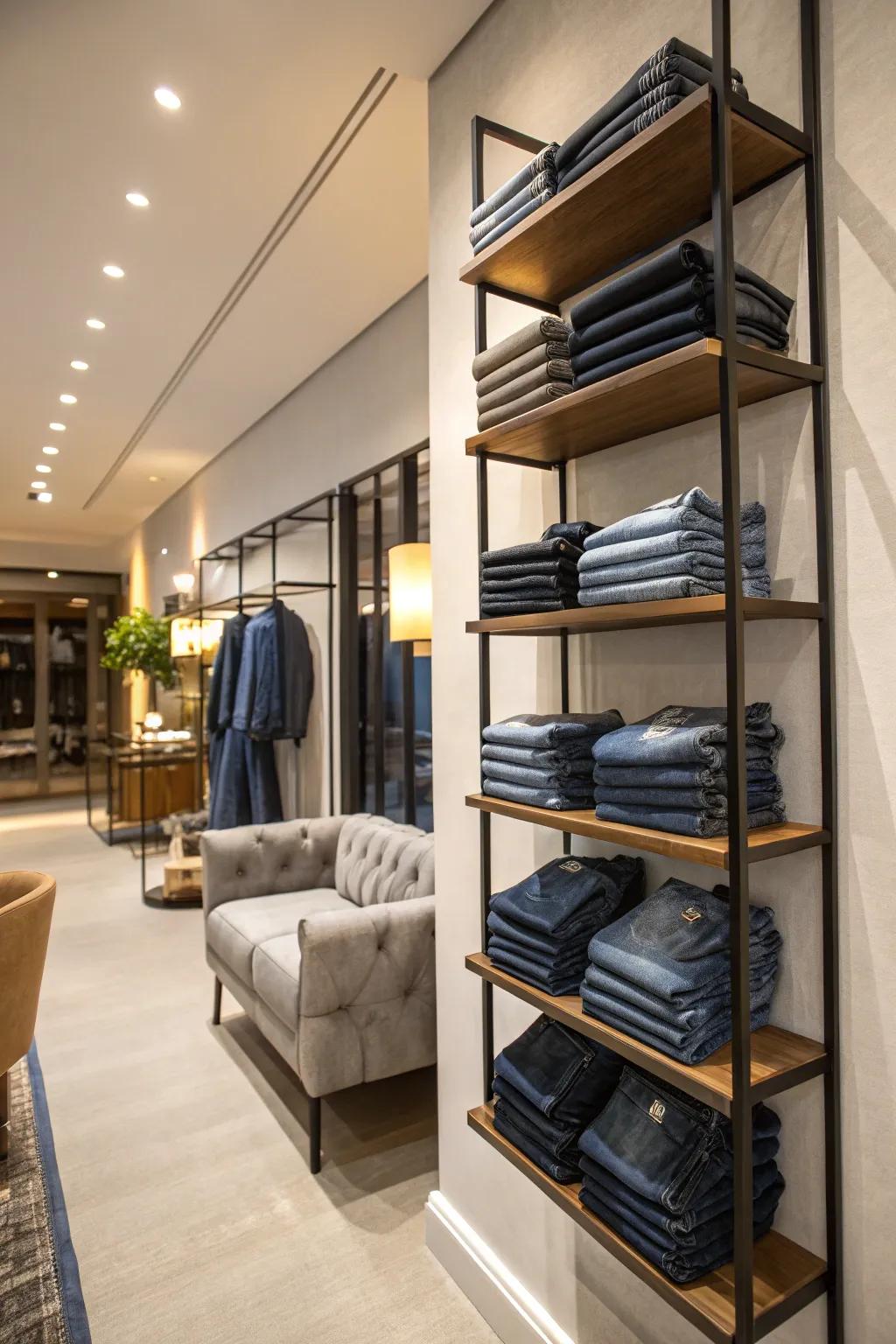 Wall rack elevates jeans into art.