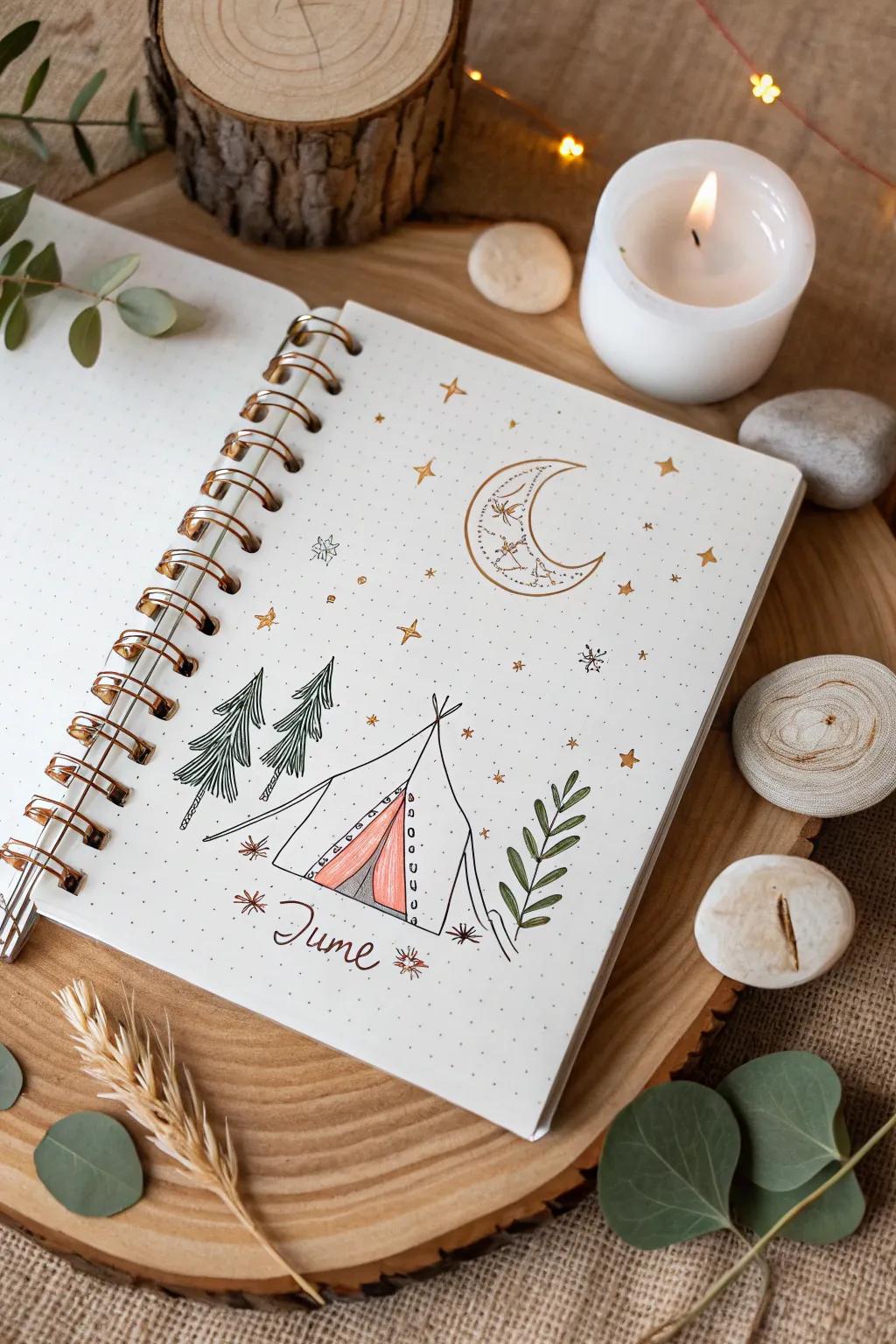 With this journal cover influenced by a retro camp, embrace the nostalgia of summer excursions. ideal for adding a touch of wanderlust to your June pages!