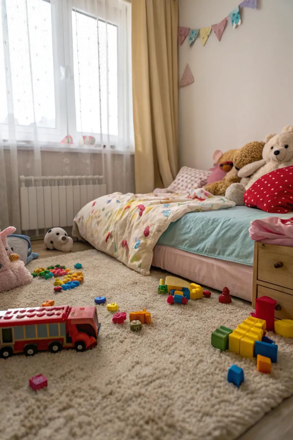 Comfortable carpeting transforms the floor into a play-friendly zone.
