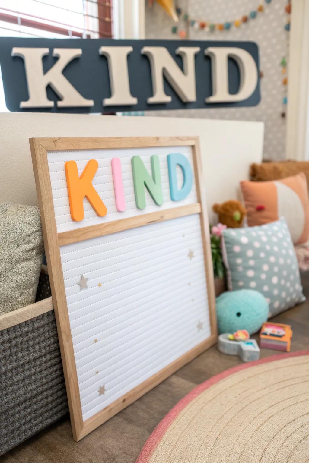 A playful home bulletin board invites people to 'Be the I in KIND' with a designated photo area.