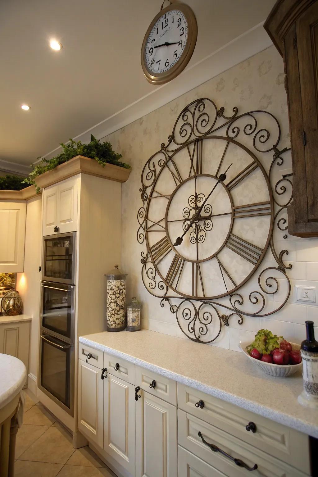 A decorative clock contributes a touch of timeless elegance to your kitchen decor.