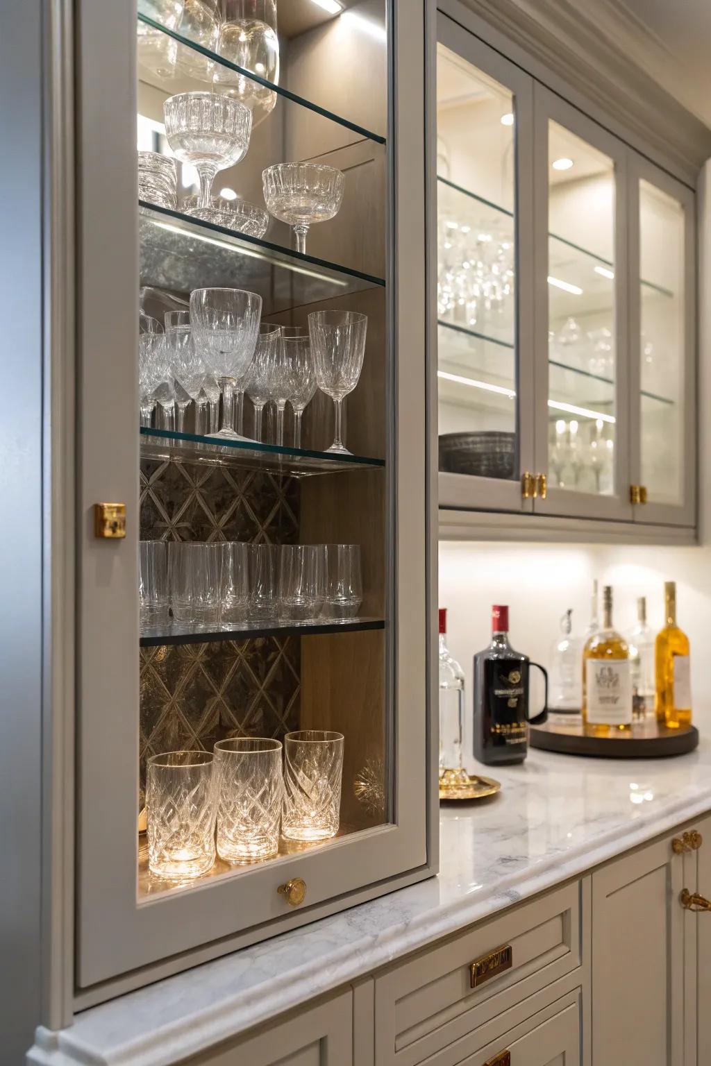 Glass doors introduce an element of grace and openness to this bar cabinet.