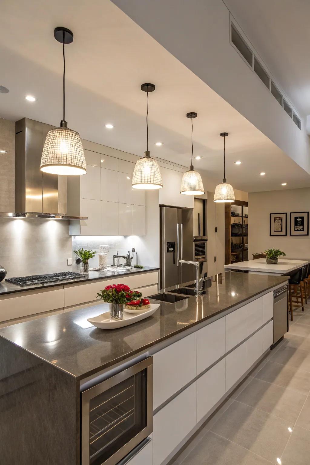 Sleek, modern lights create a contemporary atmosphere in this kitchen.