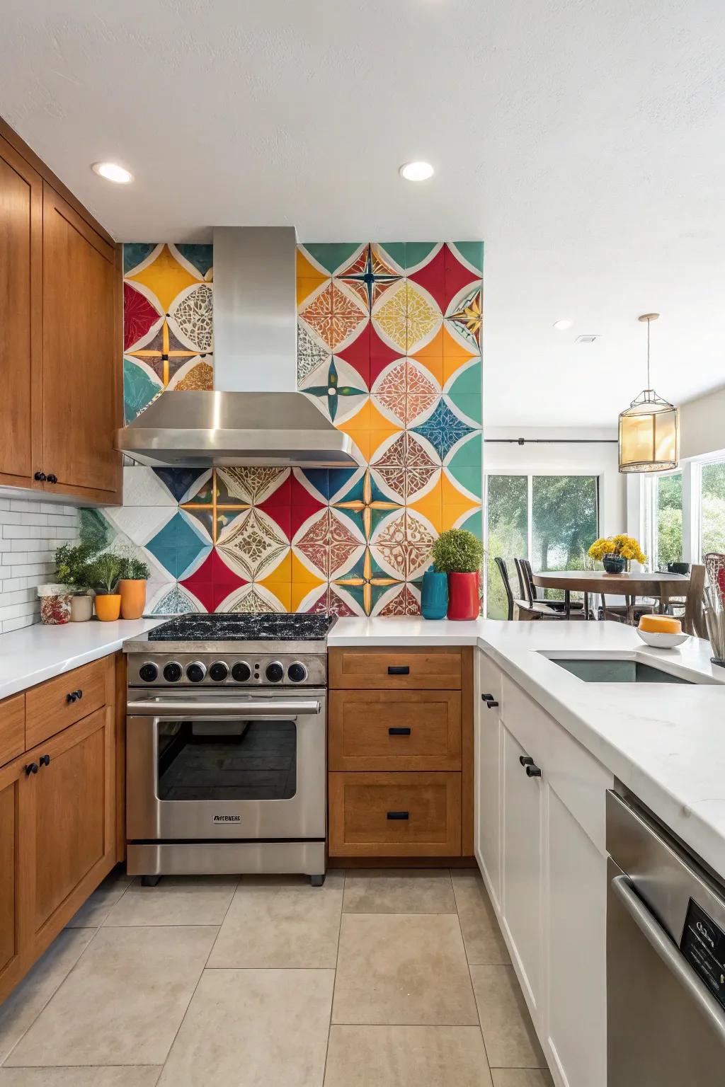 A kitchen design that highlights a bold statement backsplash.