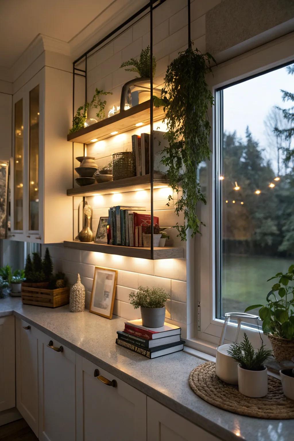 Subtle under-shelf lighting evokes a cozy and magical atmosphere in the kitchen.