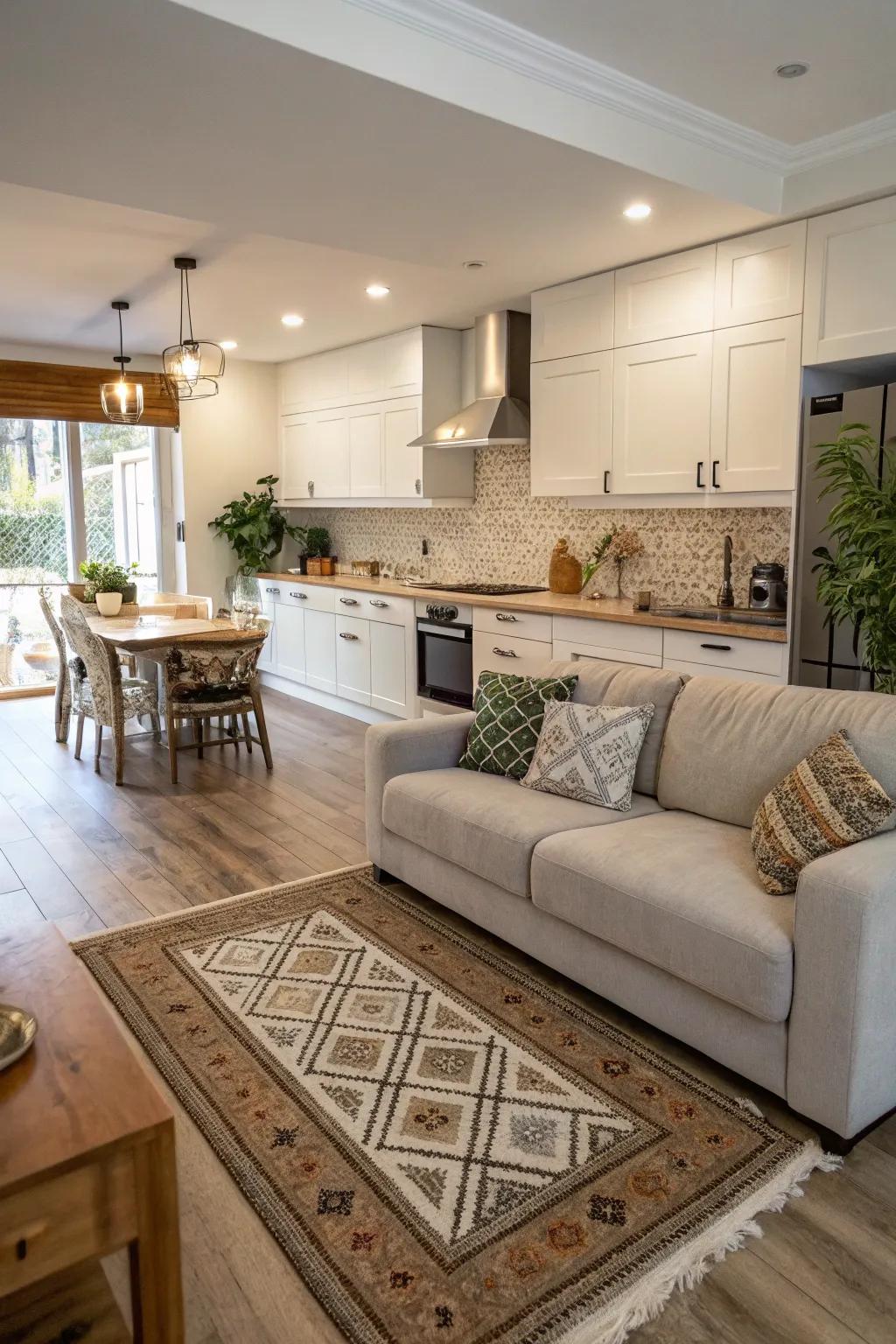 A kitchen that presents a sofa space defined by a vibrant rug, creating distinct zones.