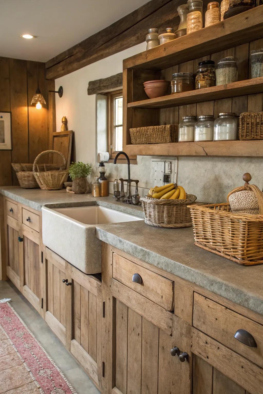 A rustic cooking area featuring cement worktops and farmhouse elements.