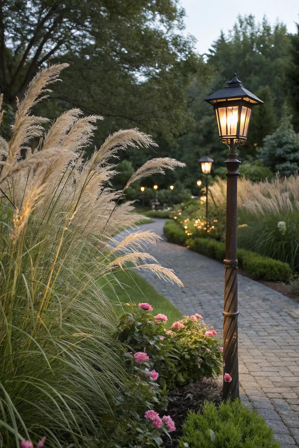 Ornamental grasses adding dimension to a lamp post landscape.