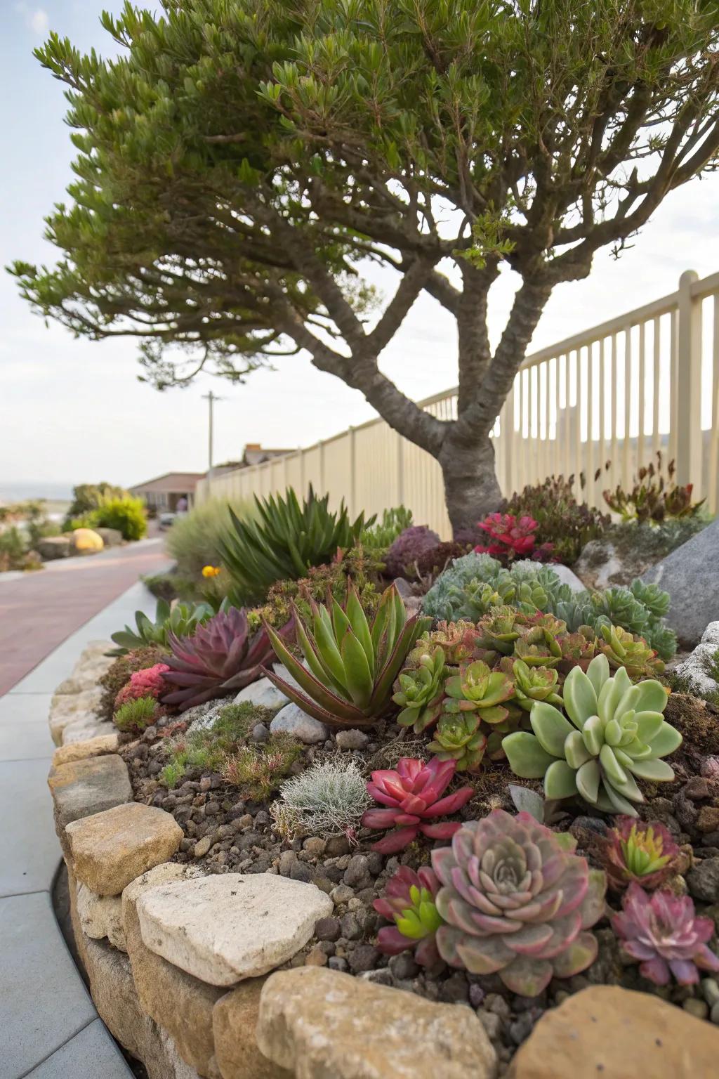 Trees are given a modern feel and texture by succulents.