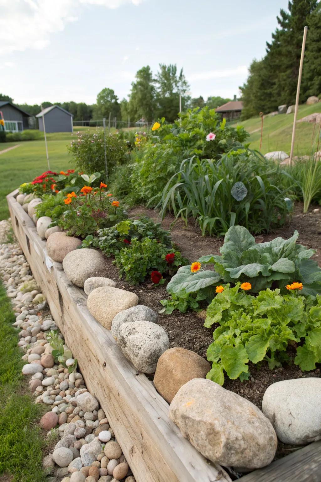 Big stones give a natural edge for country raised beds.
