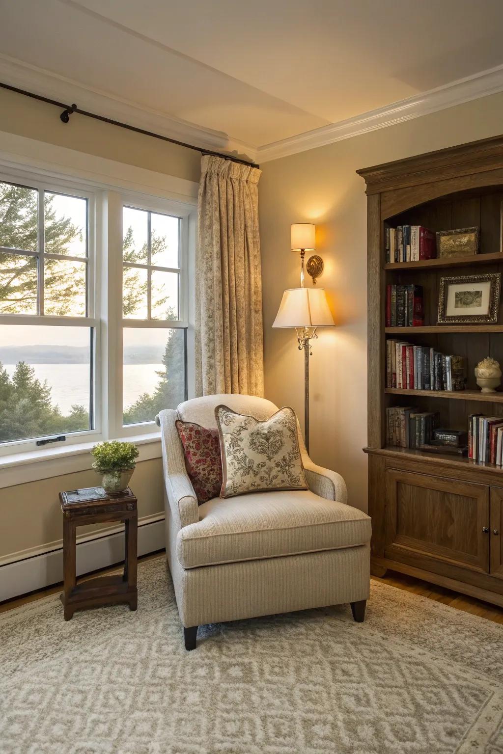 A reading nook offers a perfect spot for relaxation.