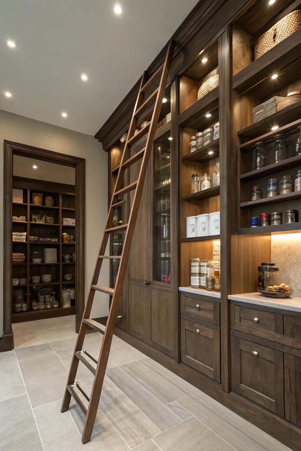 A library ladder adds elegance and accessibility to your pantry.