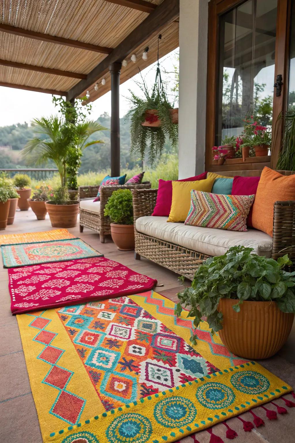 Outdoor rugs adding color and personality.
