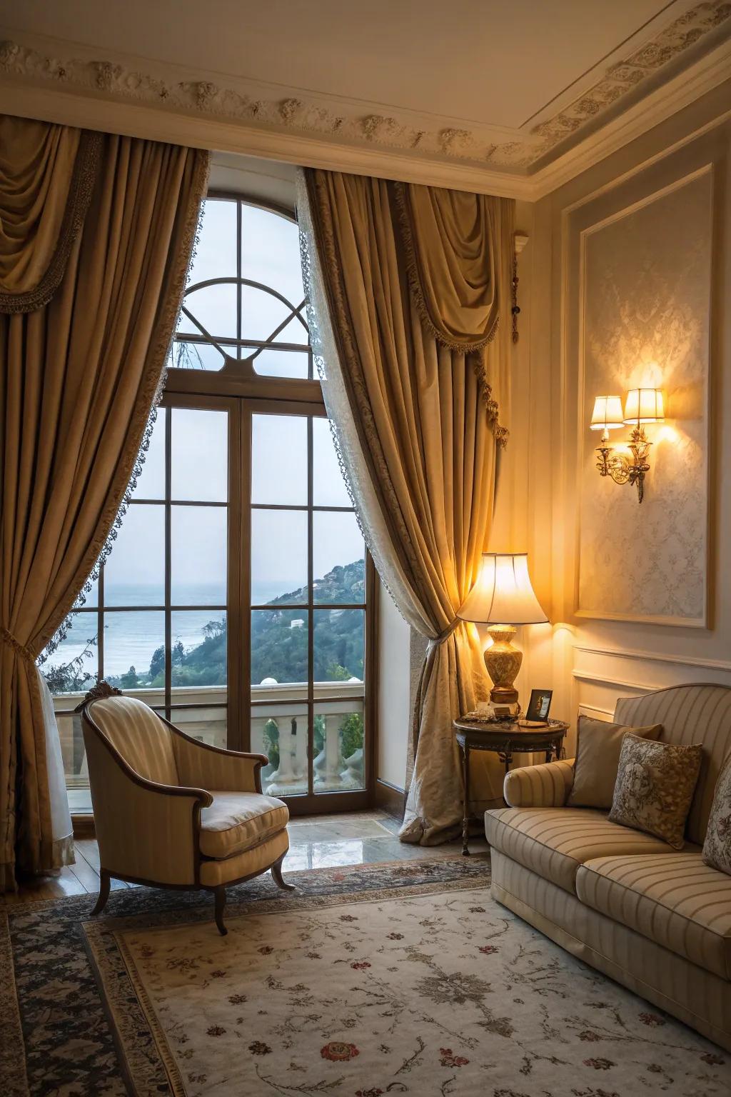 Plush window coverings evoke a lavish sense.