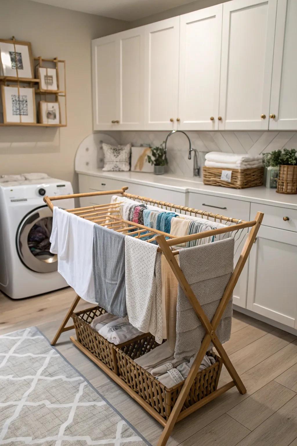 A piece of furniture in a laundry room cleverly converting into a drying rack.