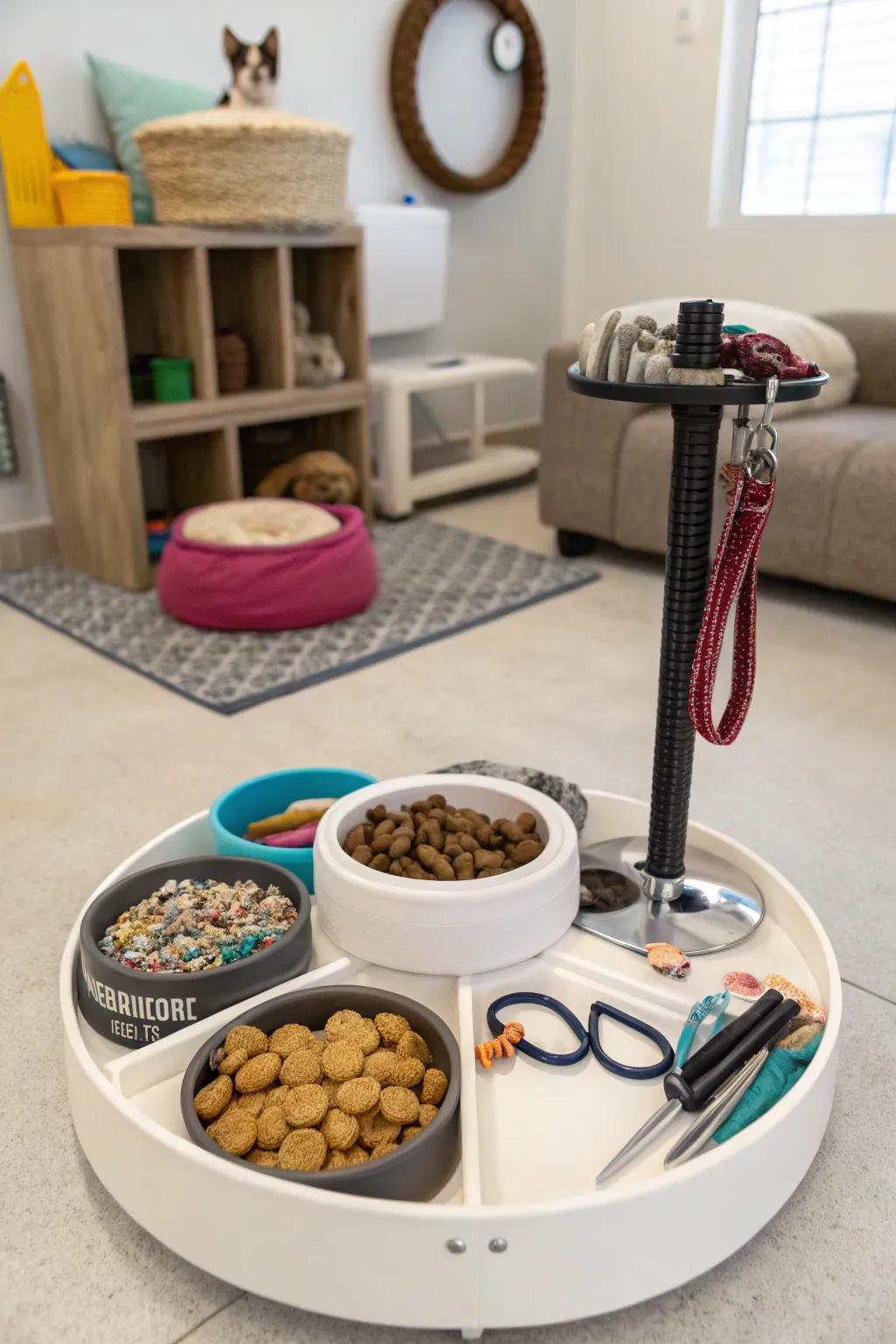 Keep pet supplies orderly with a dedicated Lazy Susan.