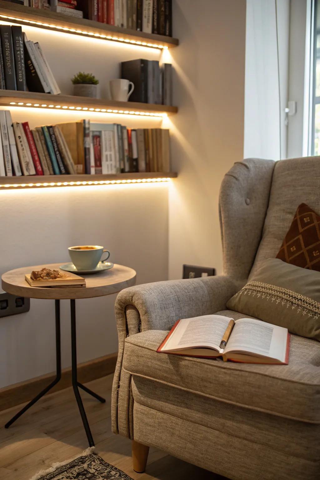A comfortable reading area lit by <strong><em>LED</em></strong> strips.” loading=”lazy” class=”pimg”>
	</picture><figcaption>A comfortable reading area lit by <strong><em>LED</em></strong> strips.</figcaption></figure>
<p>With <strong><em>LED</em></strong> strips, you may create a reading nook by illuminating your favorite armchair or corner. Making spaces feel warm and welcoming is one of my go-to solutions when using this cozy configuration.</p>
<h3>Check if these fit your needs:</h3>
<ul class=