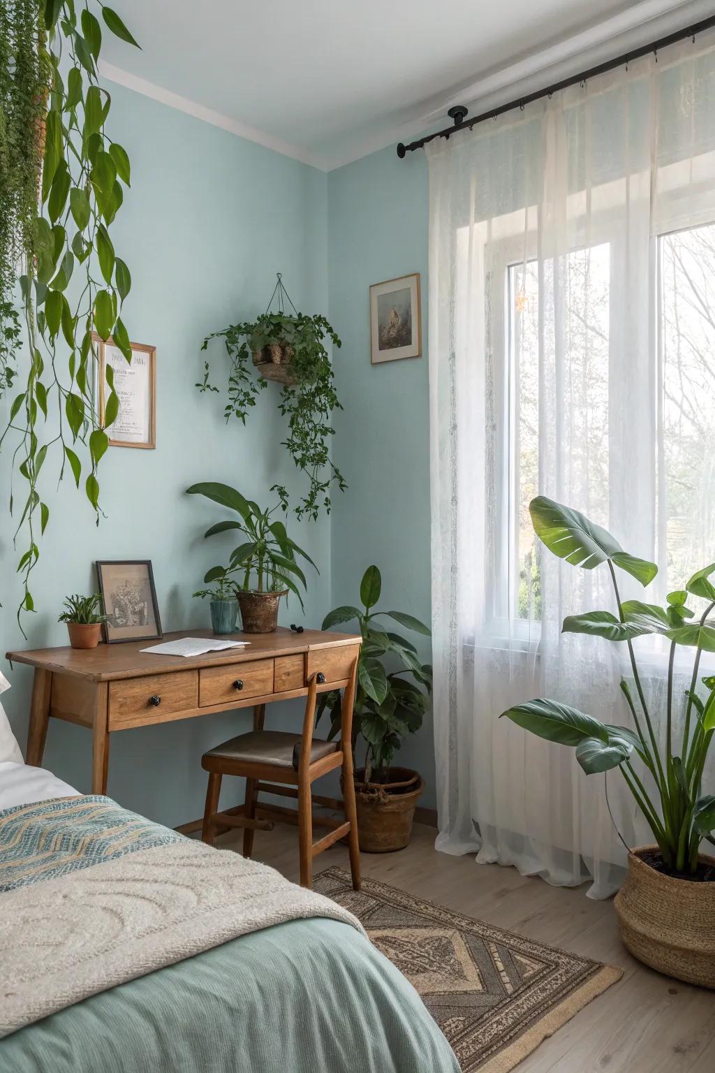 A sleeping quarter with sky blue walls is enhanced with organic touches, providing a wonderfully tranquil ambiance.