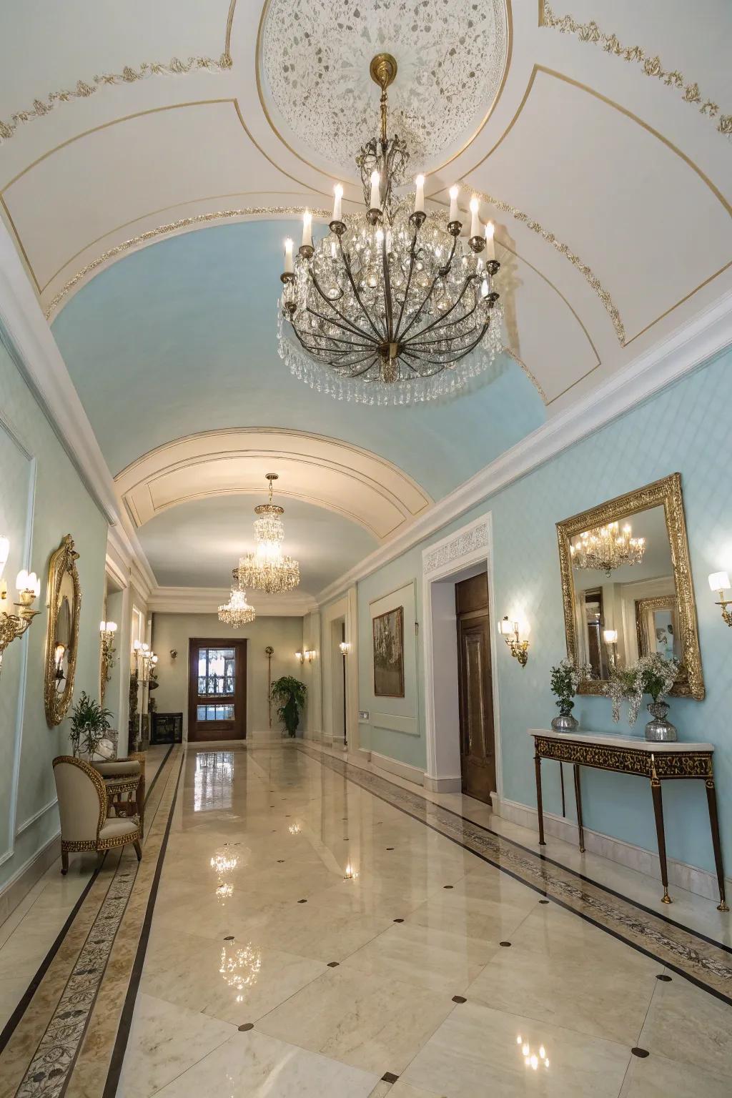 A welcoming foyer featuring a stylish sky-blue ceiling.