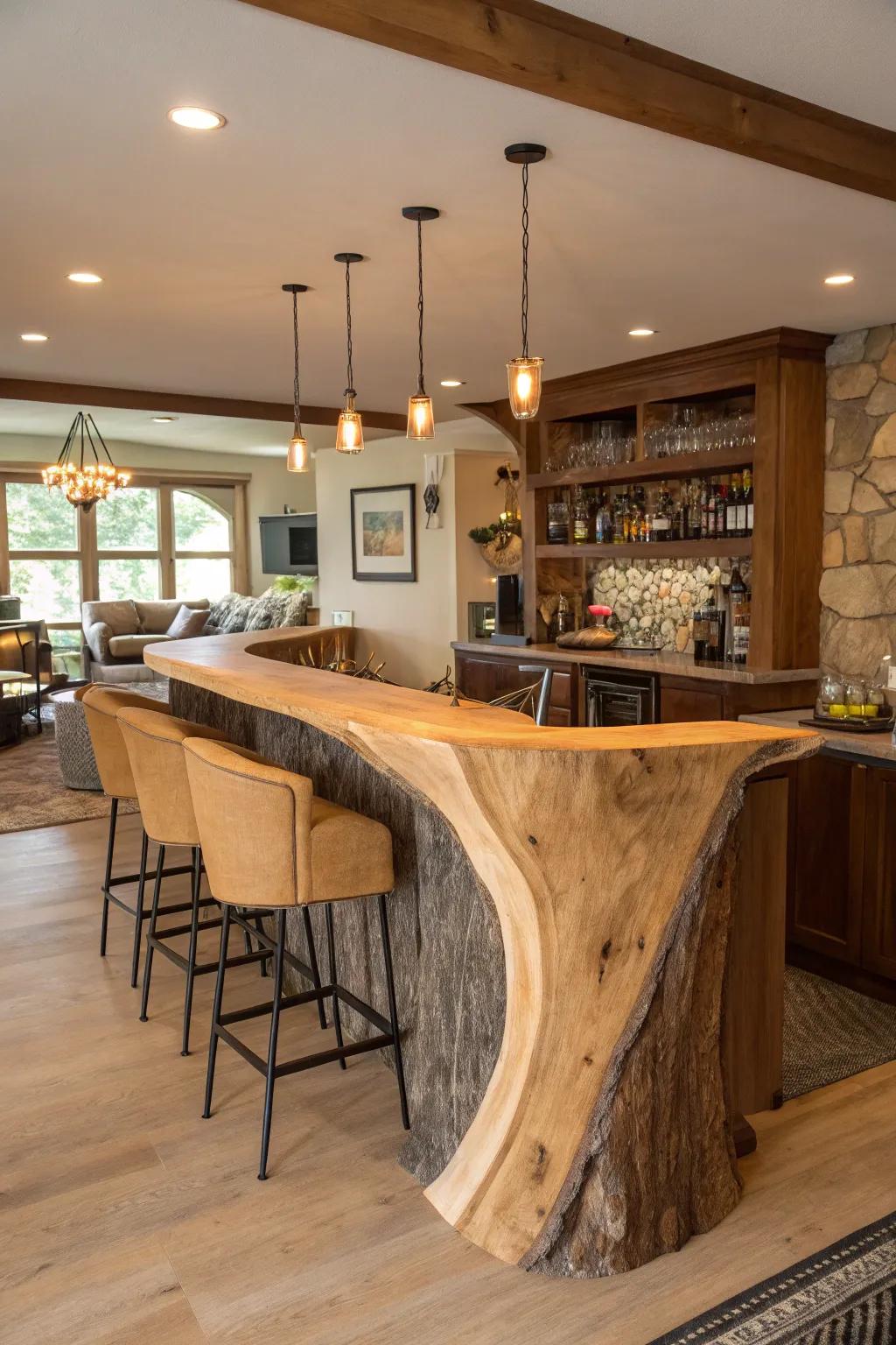 An unconventional live edge bar shape gives a home bar a creative touch.