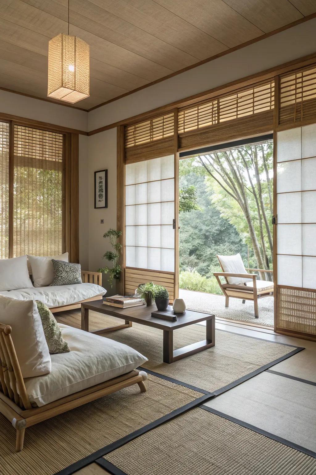 Bamboo shades for a tranquil ambiance.