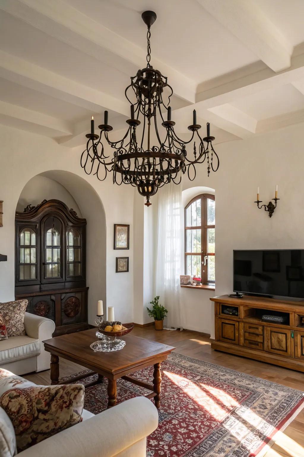 A dark chandelier adds dramatic contrast and a bold statement.