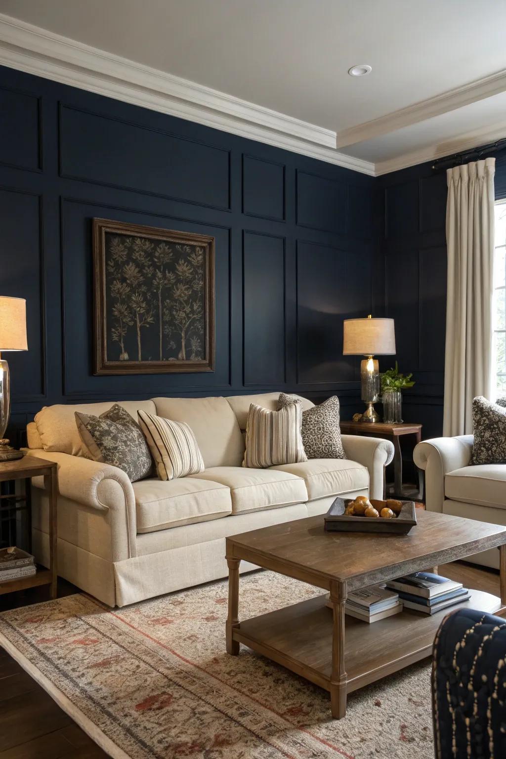 A deep accent wall adds drama and elegance to your living space.