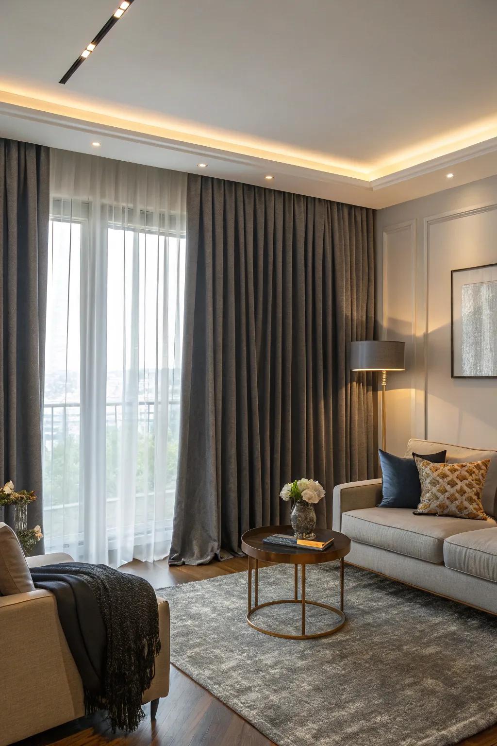 Darkening coverings assure privacy and light management.