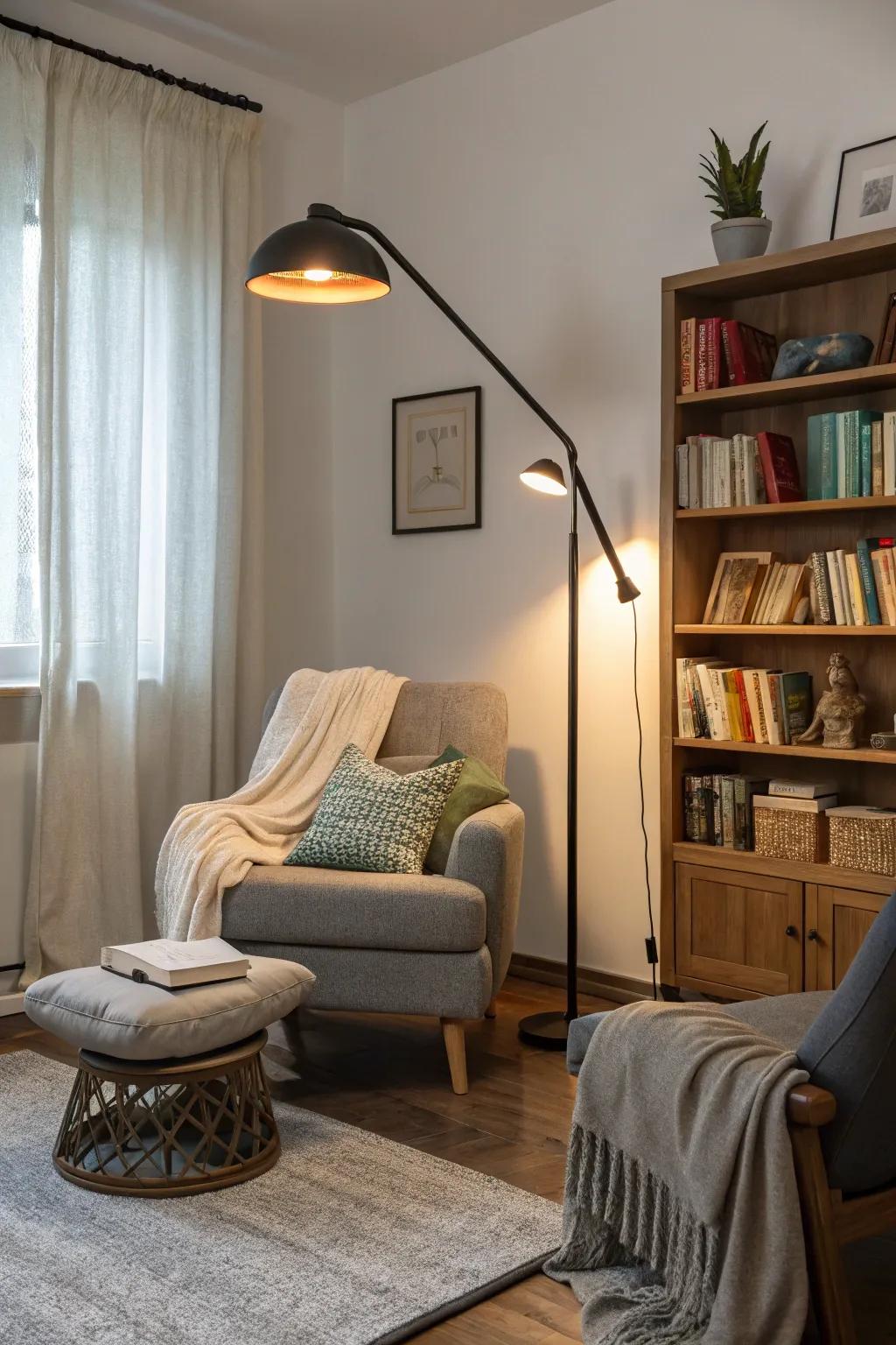 A cozy living room featuring an adjustable task floor lamp.