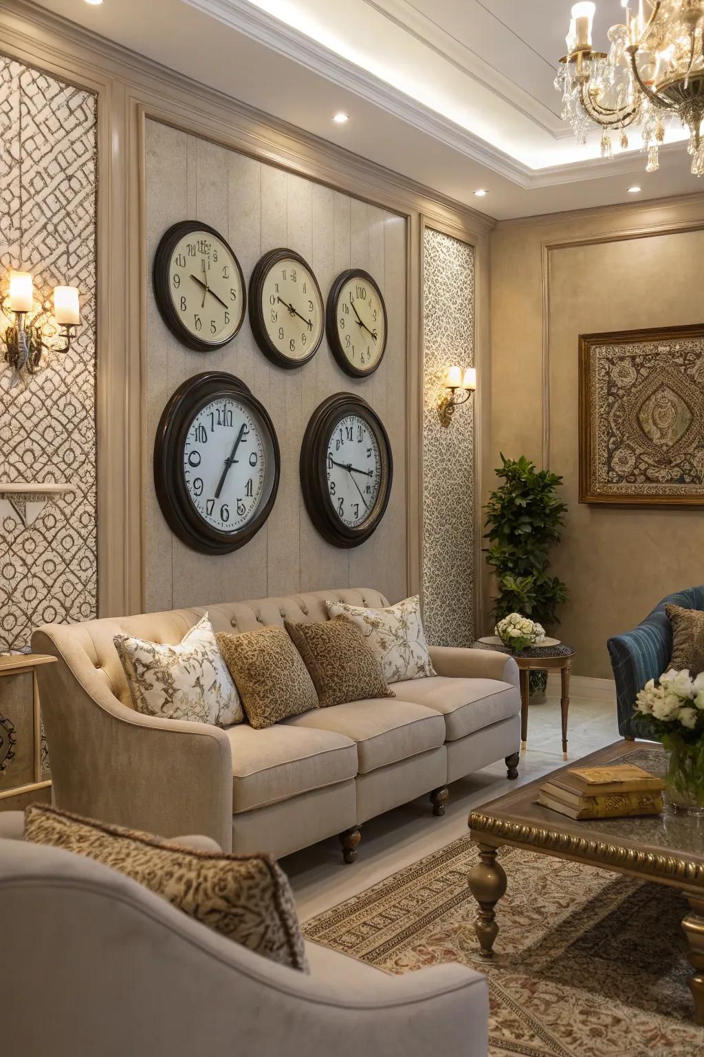 Multiple clocks showing different time zones add a cosmopolitan touch.