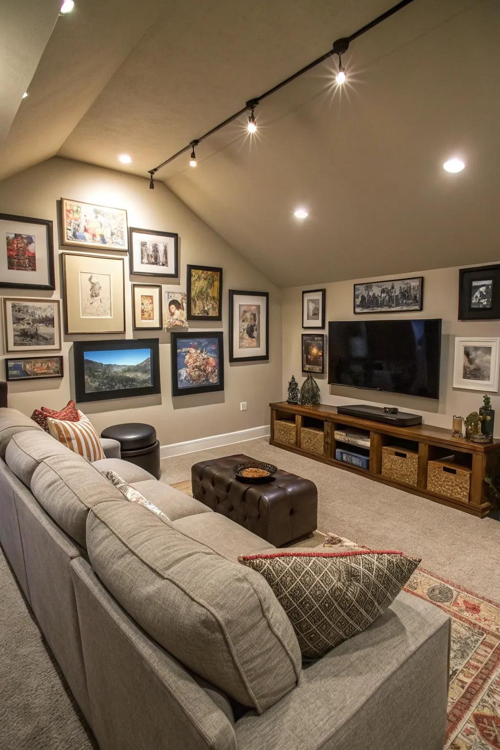 A gallery wall adds personality to your media room with memories and art.