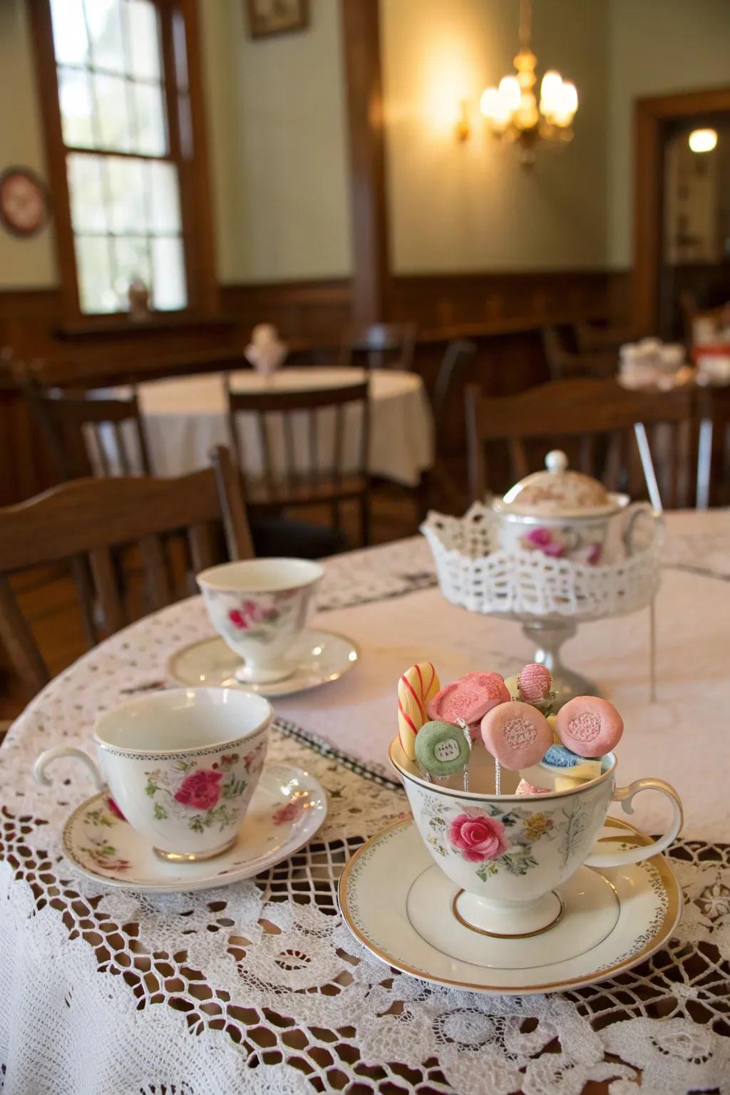Vintage tea cups lend a hint of sophistication to sugary gem displays.