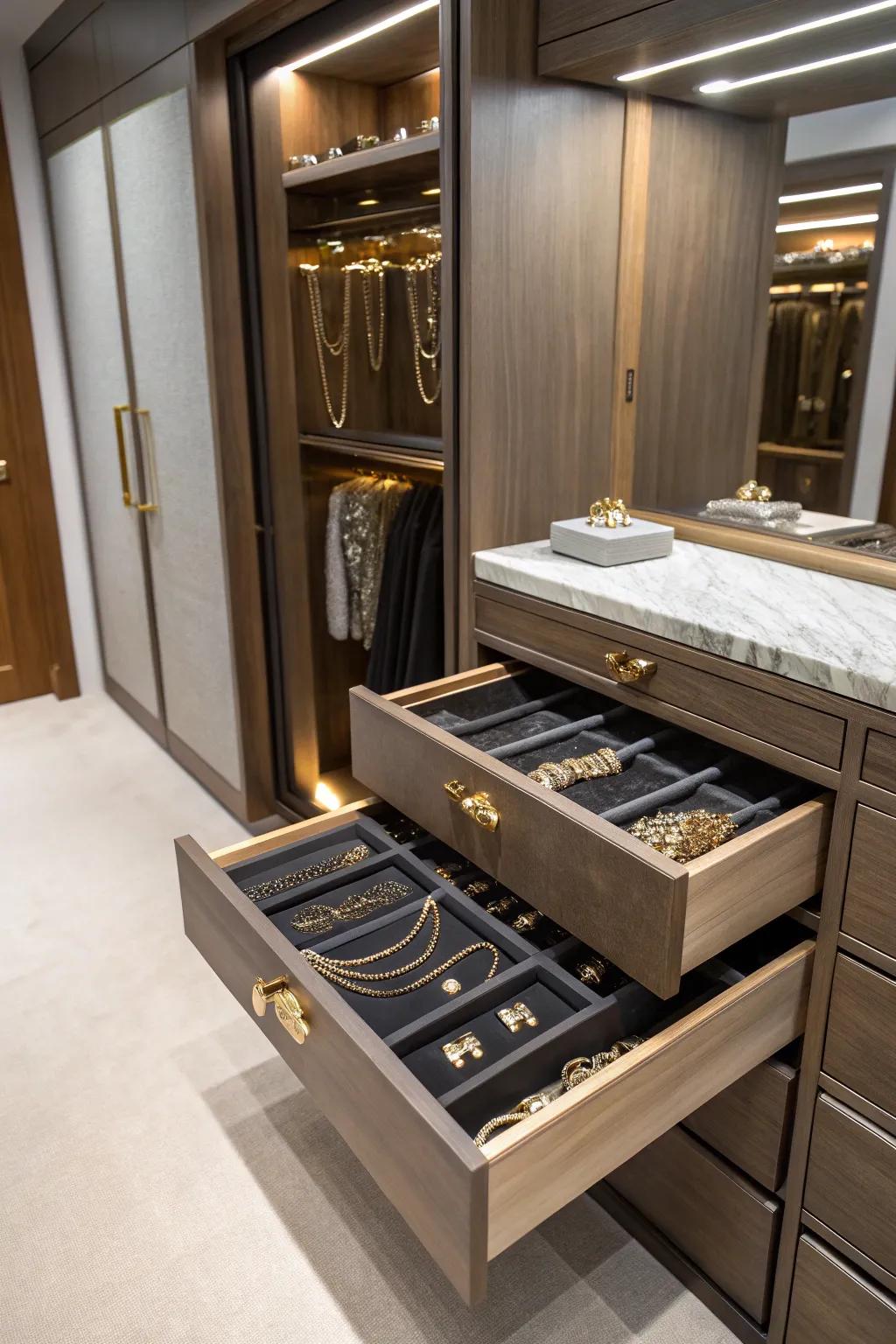 Concealed compartments providing secure storage for jewelry.