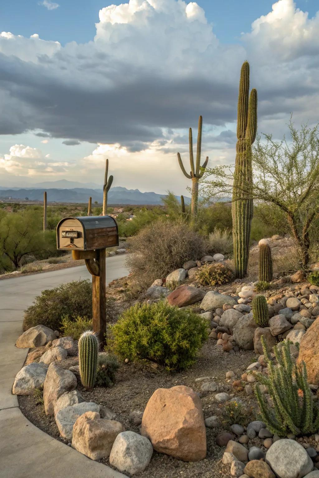 Cacti and rocks create a striking desert landscape.