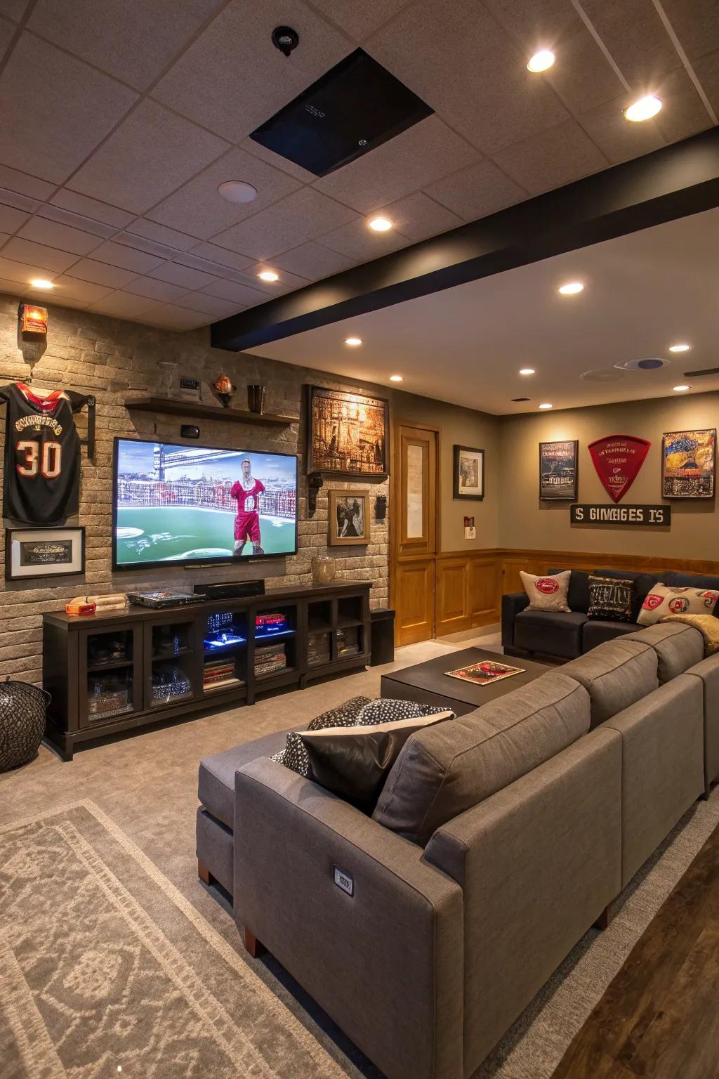 Integrated technology adding comfort in this modern man cave.