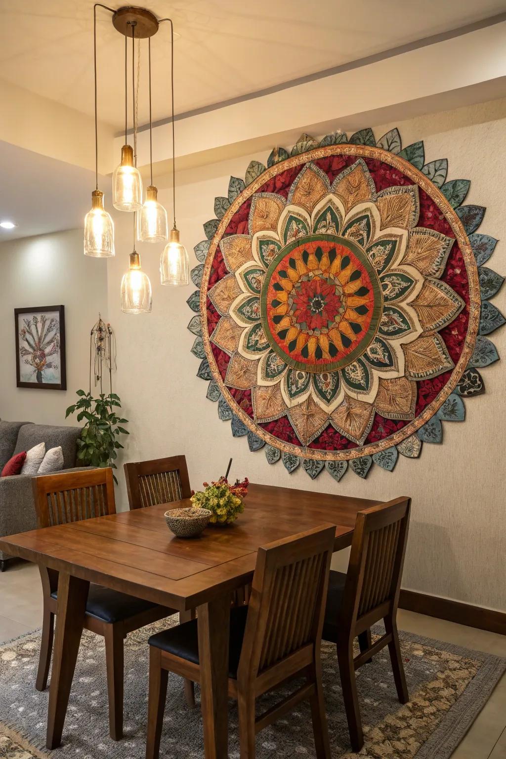 A layered circle motif design adding a 3D effect in a dining space.