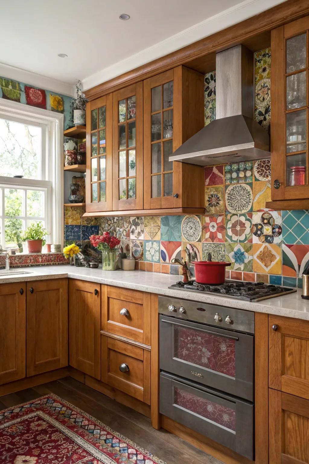 An eclectic kitchen with walnut cabinets and a bold backsplash for a striking look.